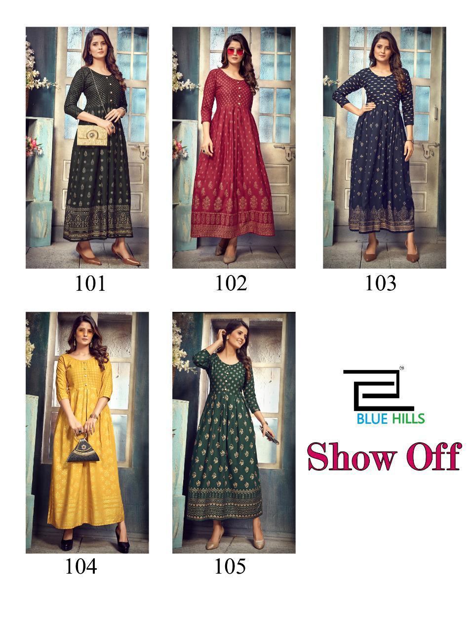Blue Hills Show Off Fancy Latest Designers Festive Wear Long Rayon Printed Kurti Collection
